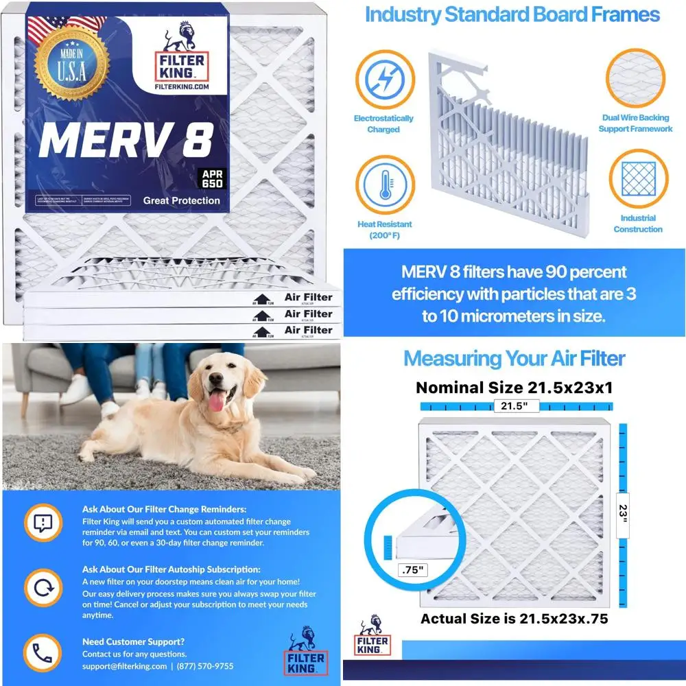 

HVAC Pleated AC Furnace Filters 6-Pack MERV 8 Air Filters 21.5x23x1 Inch Made in USA Actual Size 21.5x23x0.75.