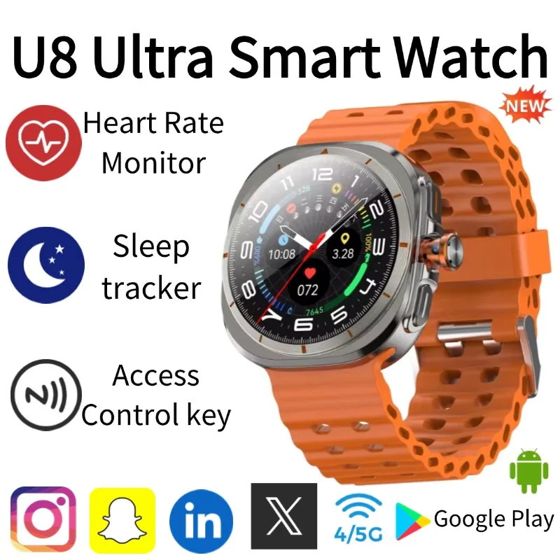 

Премиум U8 SmartWatch Ultimate 4G 5G SIM-карта Видеозвонок GPS Компас WIFI Поворотная камера Международный вызов Аккумулятор 1480 мАч