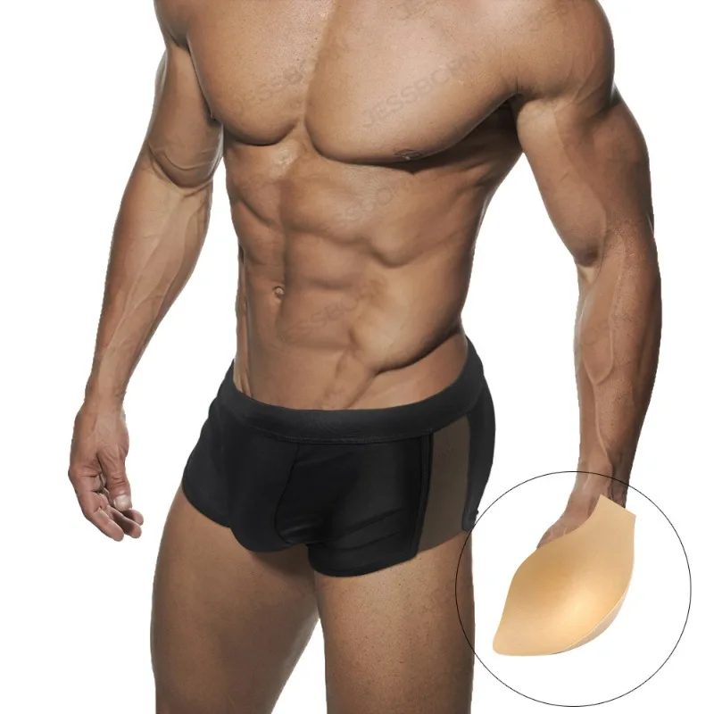 Man Sexy Hollow Out Black Boxers Penis Shape Pads Swimming Trunks Ocean Beach Hot Springs Trunks Gay Panties Casual Shorts