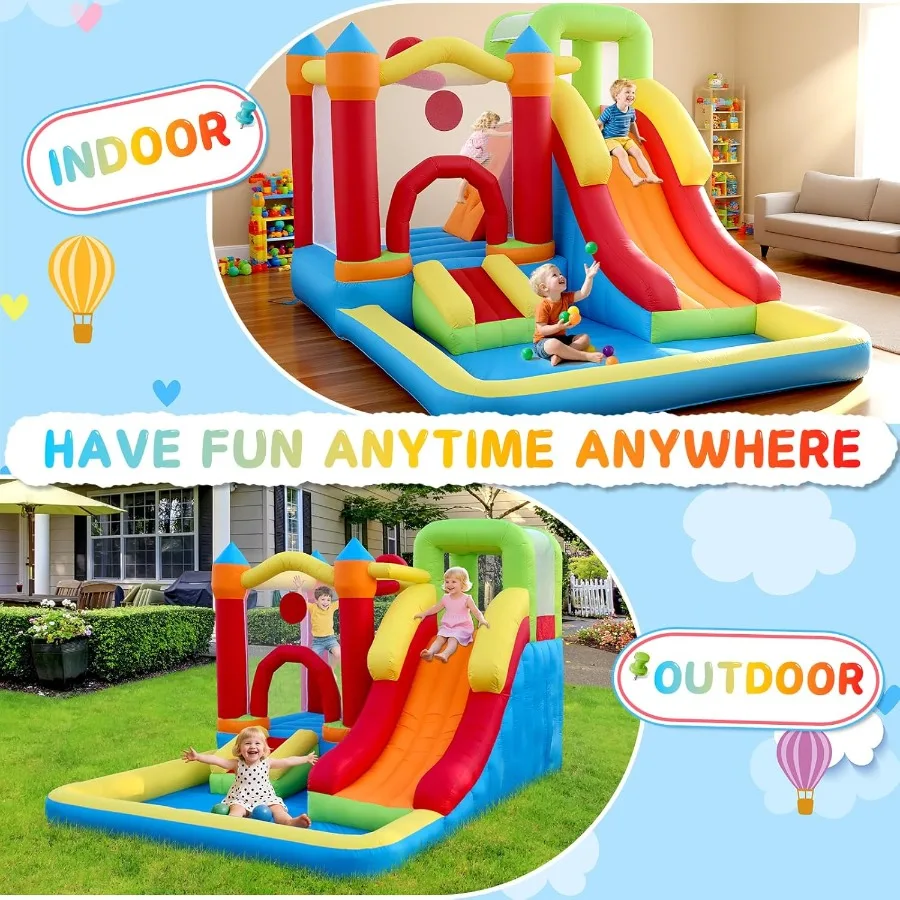 Maison de rebond 6 en 1 avec toboggan mural d'escalade et château gonflable gonflable avec souffleur et cerceau de basket-ball pour jardin P