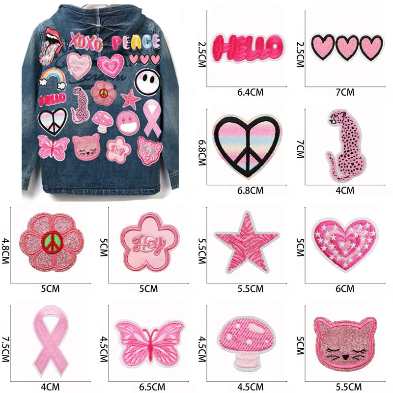 1pcs Patch Pink Heart Stickers Iron On Patches for Clothing Sewing Embroidery Fusible Applique Badge Decoration Stripes