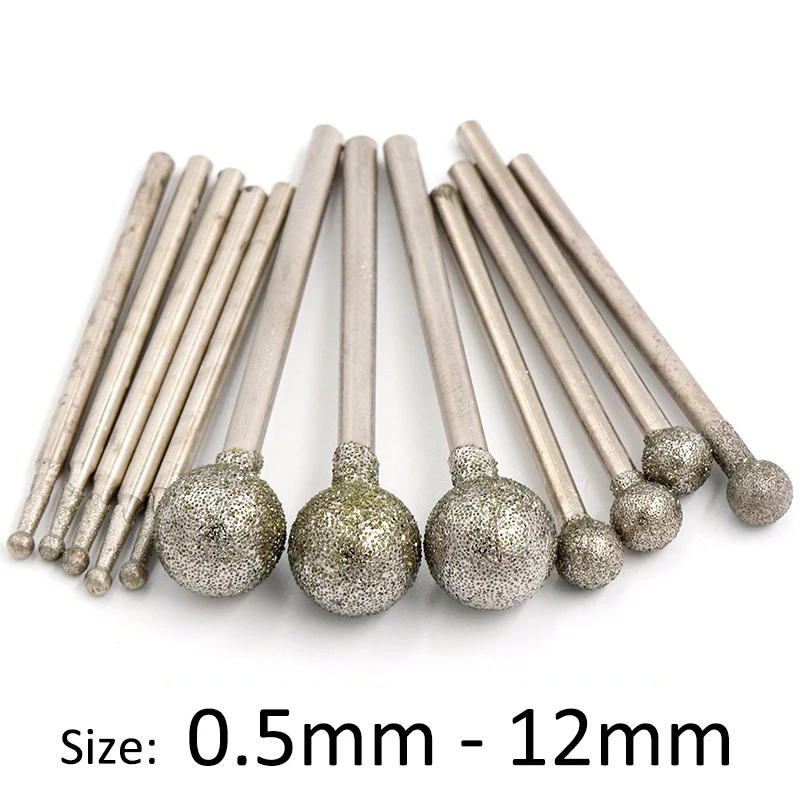 

5pc 0.5-12mm Spheroid Diamond Grinding Head F Needle 2.35/3mmShank Ball Shape Drill Bit Polishing Carving for Dremel Rotary Tool