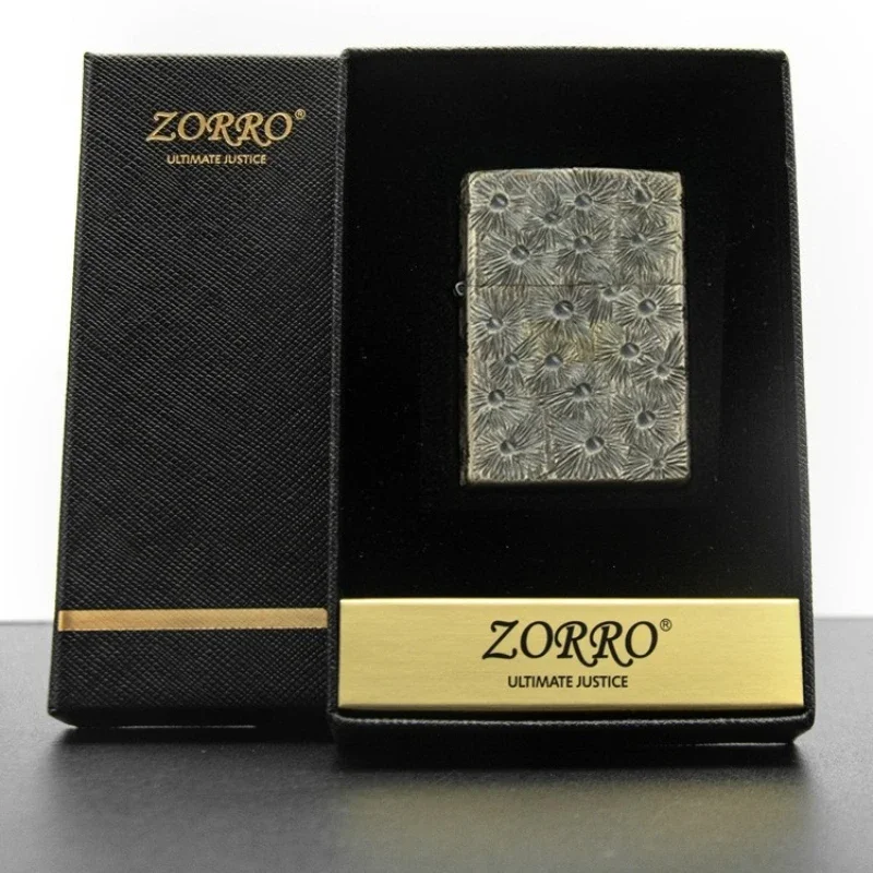 2027 ZORRO Zorro Brass Hand-carved Meteorite Mark Burning Flower Old Clamshell Kerosine Lighter Holiday Gift for Boyfriend