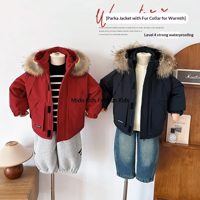 

Новое зимнее поступление, детская одежда: стильное хлопковое пальто с капюшоном для мальчиков в корейском стиле, универсальная утолщенная куртка-пуховик для мальчиков