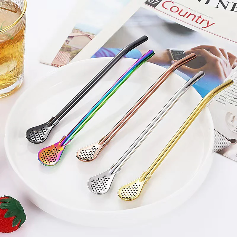 Reusable Straws Metal Stainless Steel Drinking Straw Milk Drinkware Creative Mixing Spoon Milk Tea Coffee Bar Party Accessories