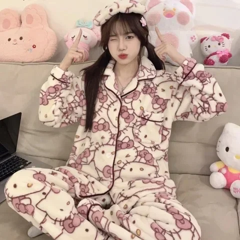 Sanrio Hello Kitty Long Sleeve Pajamas Women Cute Autumn Winter Plush Warm Girl Kawaii 2-piece Home Service Casual Pajamas Gift