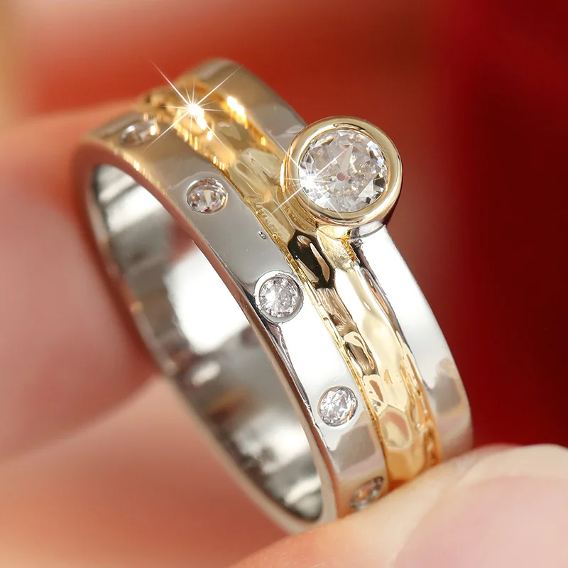 Ladies' Fashionable Wide Face Ring Two Tone Design Inlay White Zirconia Versatile Ring Daily Commuting Dating Party Jewelry