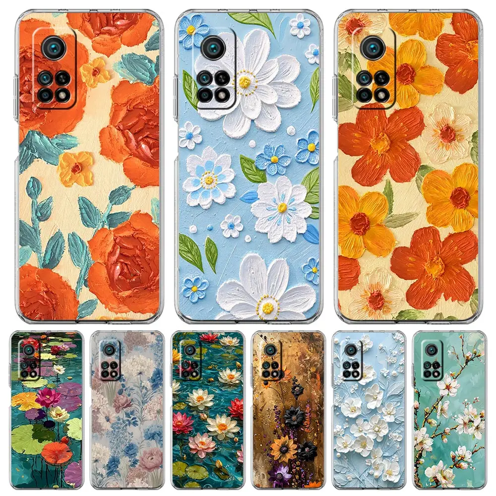 Phone Case For Xiaomi Mi Poco X7 X6 X5 NFC X3 Pro 17 15T 15 14T 14 13T 11 12 13 Lite Clear TPU Cover Oil Painting Flower