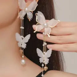 Obega Lace Burtterfly Imitation Pearl Drop Earrings Long Tassel Dangle Earring Classic Gold Color Temperament Bridal Earrings
