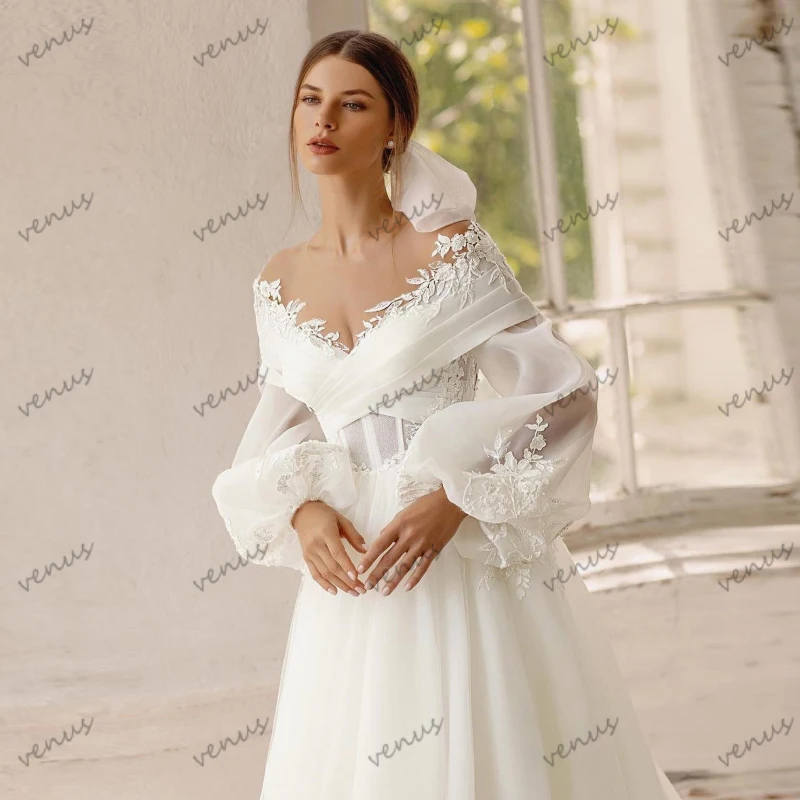 Exquisitos Vestidos De Novia De línea a, Vestidos De Novia con apliques De encaje, hombros descubiertos, mangas abullonadas, elegantes Vestidos De Novia 2024