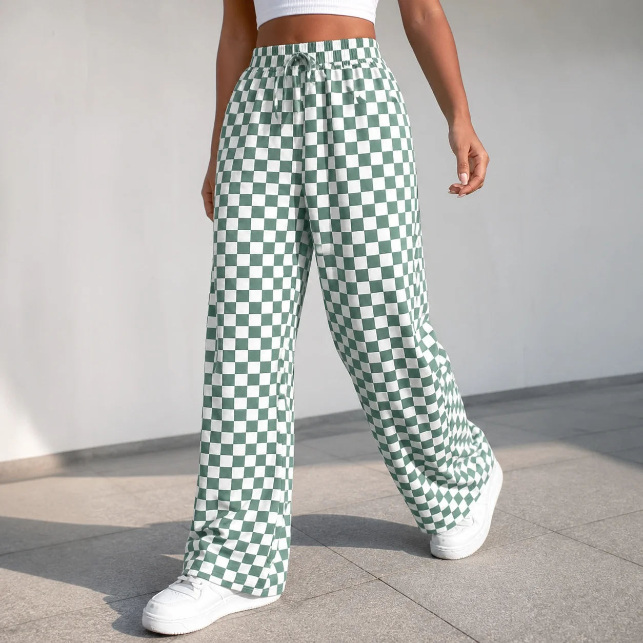 Women's Y2K Woman Clothes Female Clothing Plaid Printed Straight Full Length Lightweight Elastic Waist Pants Checkered Print