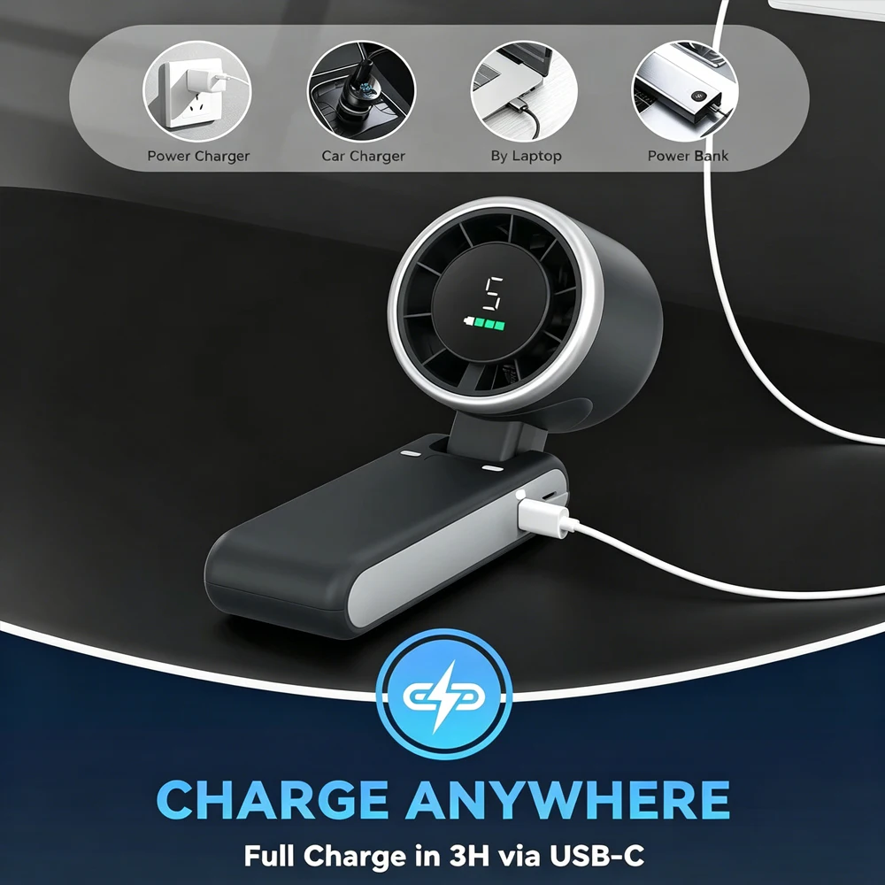 5 Speed Handheld Mini Fan Foldable Mini Fan Portable Desk Outdoor Neck Hanging USB Rechargeable Fan Phone Stand Display Screen view 5