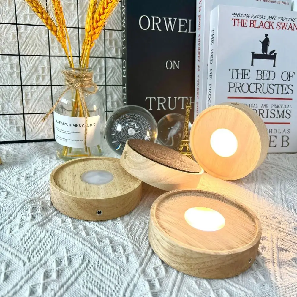 Round Wooden LED Light Base INS 10cm Rechargeable Lamp Holder Desktop Ornaments Modern USB Display Night Lamp Holder Bedroom