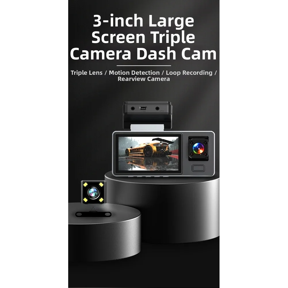 Car DVR with Triple 1080P Lenses WiFi Remote Viewing Capability and Auto Parking Monitoring without Battery Drain