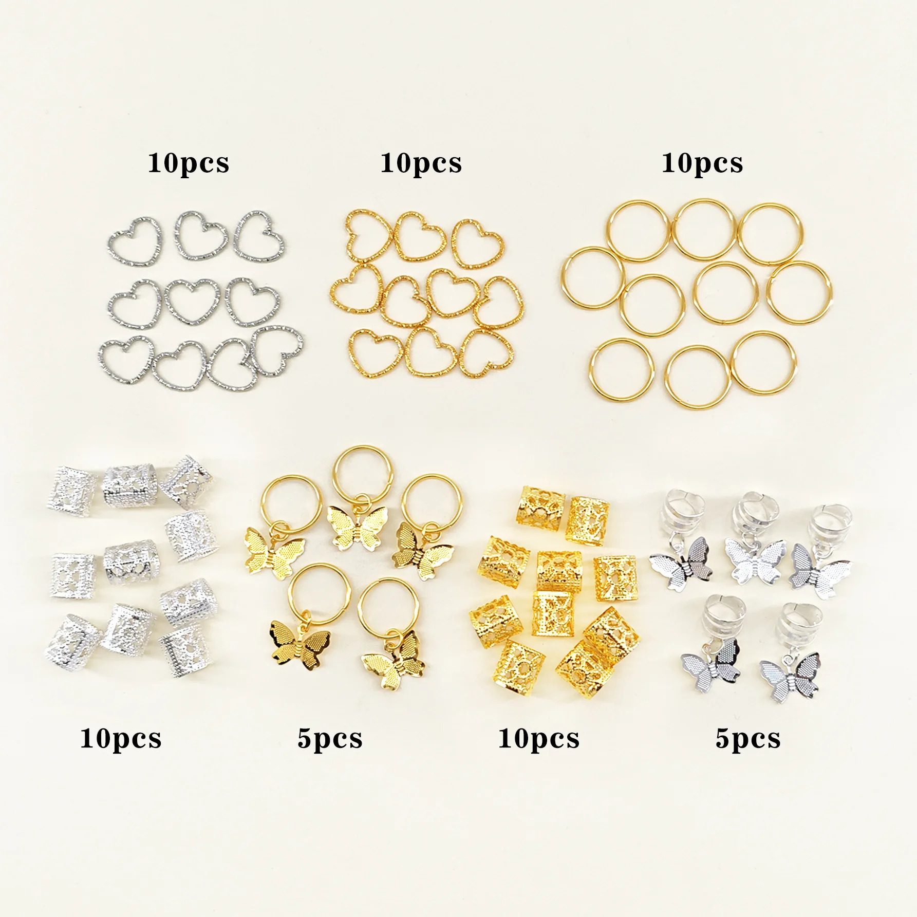 Fashion Hair Rings 60PCS Gold Silver Butterfly Love Heart Alloy for Women Girls Braids Dreadlock Accessories Durable Kit