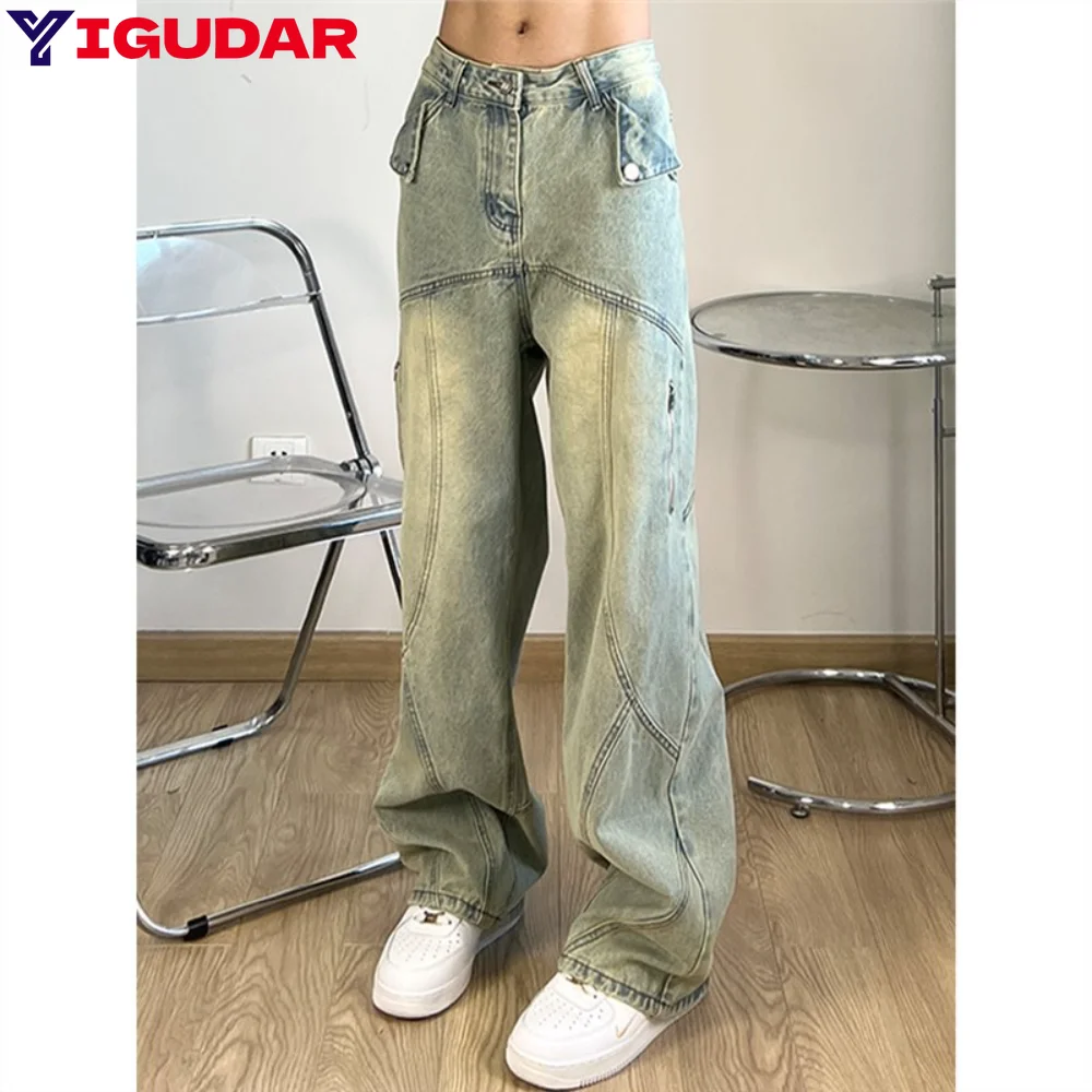 

Vintage Split Wide Jeans for Men Yellow Mud Dyed Washed Distressed Wide Leg Jeans Denim Pant y2k baggy jeans cargo pants men