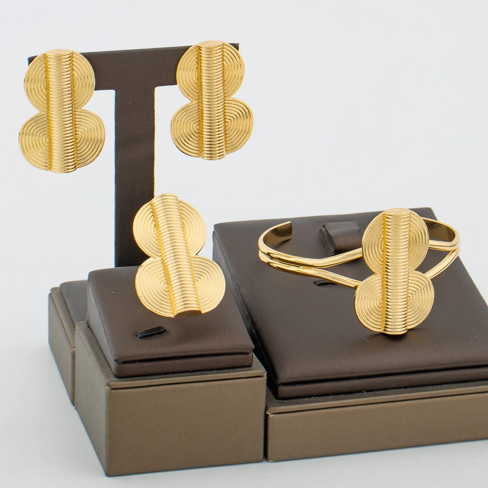 Dubai Gold Color Jewelry Sets For Women Exquisite Design Earrings Bangle African Bridal Wedding Rings Gifts Party Jewellery