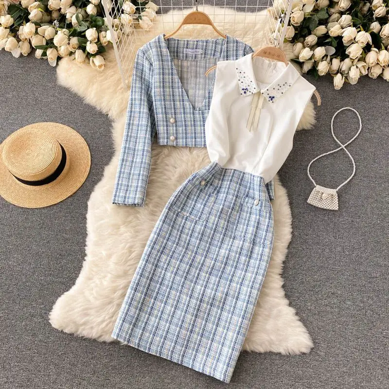 Dress Suit High Quality Beaded Cardigan V Collar Button Top Knee-Length Dress Autumn Elegant Women Slim A-Line Plaid Dress