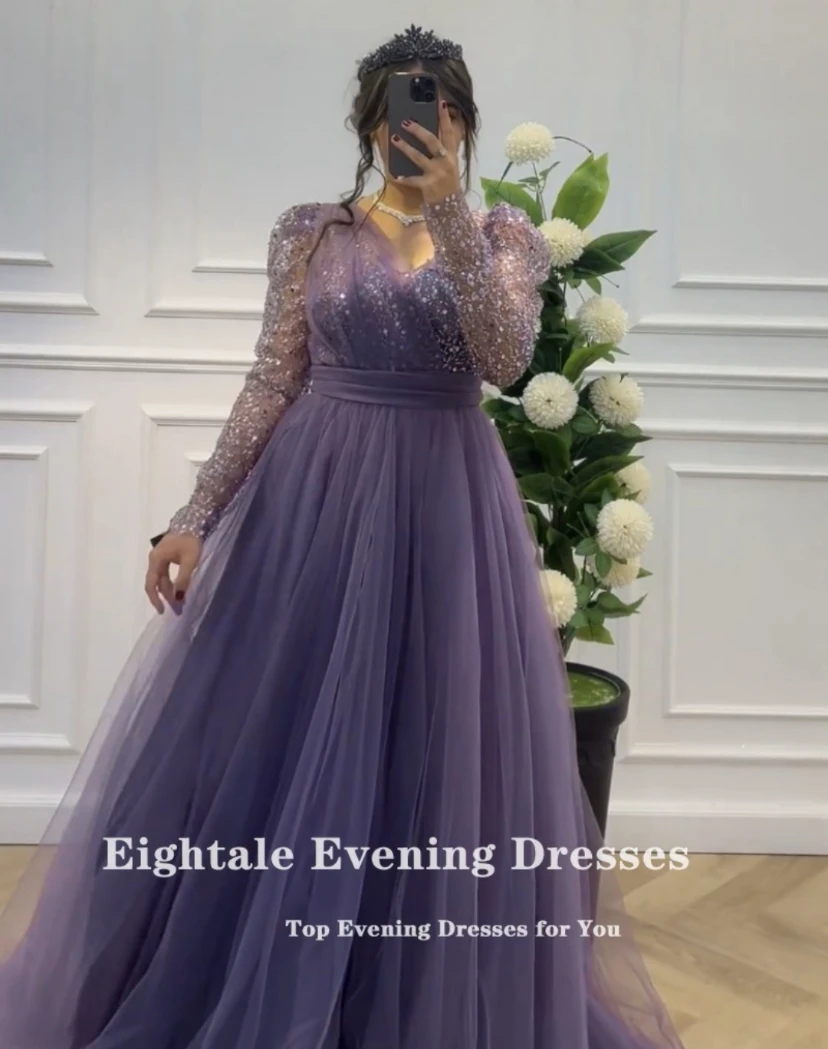 Eightale Luxury Evening Dresses Customized V-Neck Sequined A-Line Purple Tulle Prom Gown for Wedding Party robes de soirée