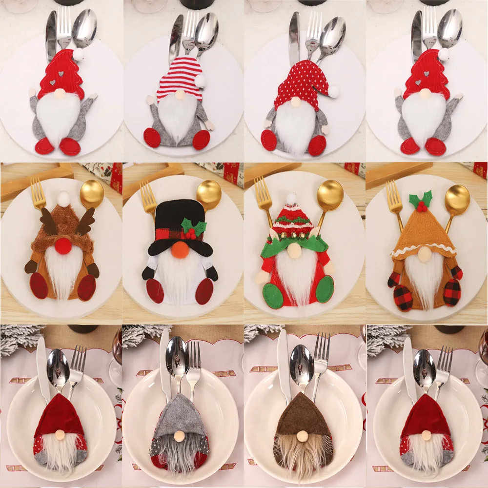 4pcs Gnome Christmas Cutlery Holder Knife Fork Pocket Bags Xmas Tableware Cover Dinner New Year Christmas Decoration for Home