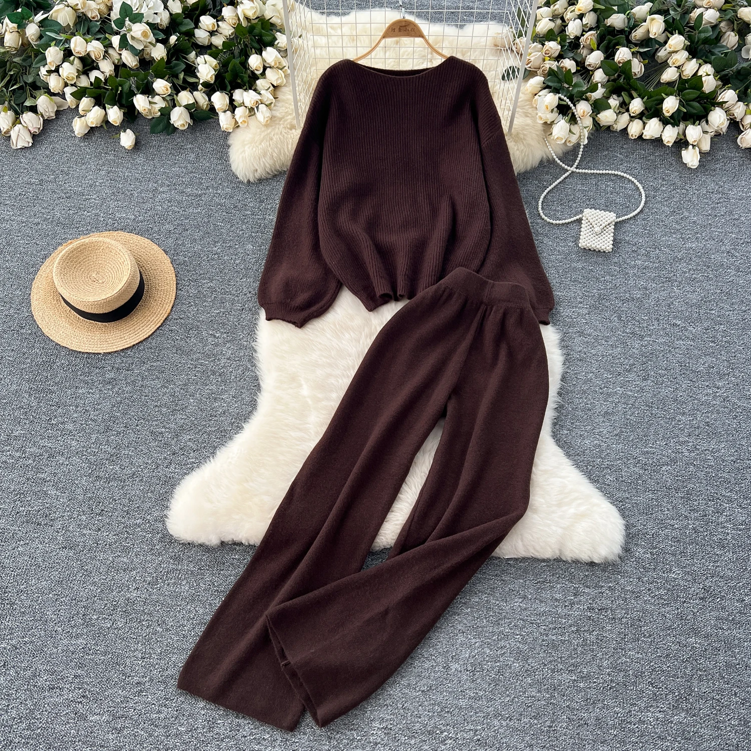 Knit tracksuits for women soft warm sweater+pant 2 pieces sets solid slash neck knitting pants casual suit outfits pullovers+