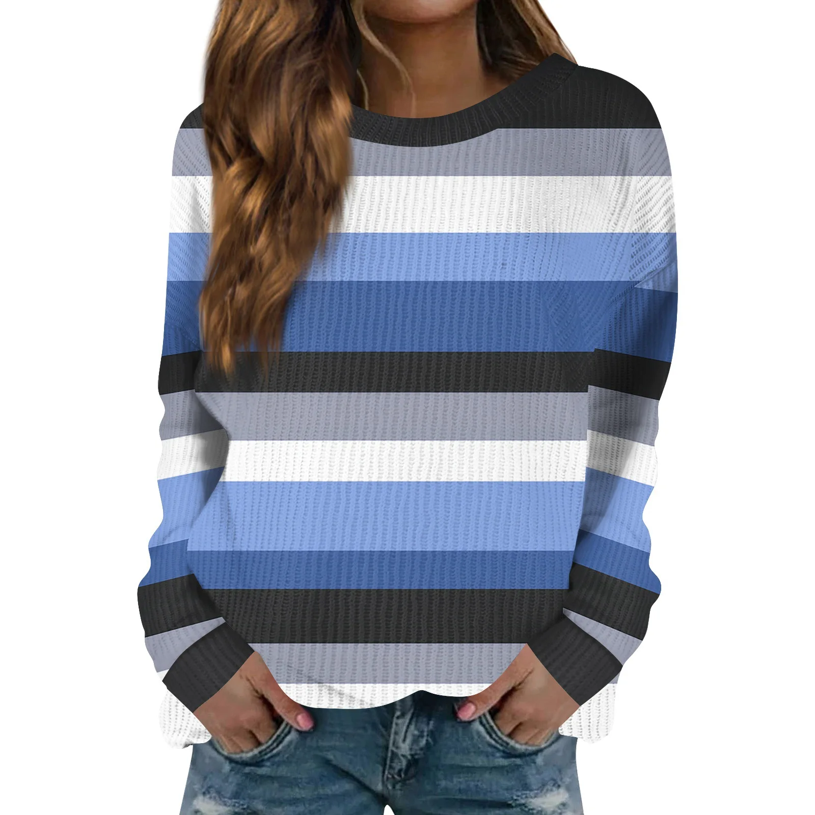 

Elegant Temperament Sweater Autumn And Winter New Women's Casual Loose Long Sleeved Striped Digital Printed Round Neck Sweater