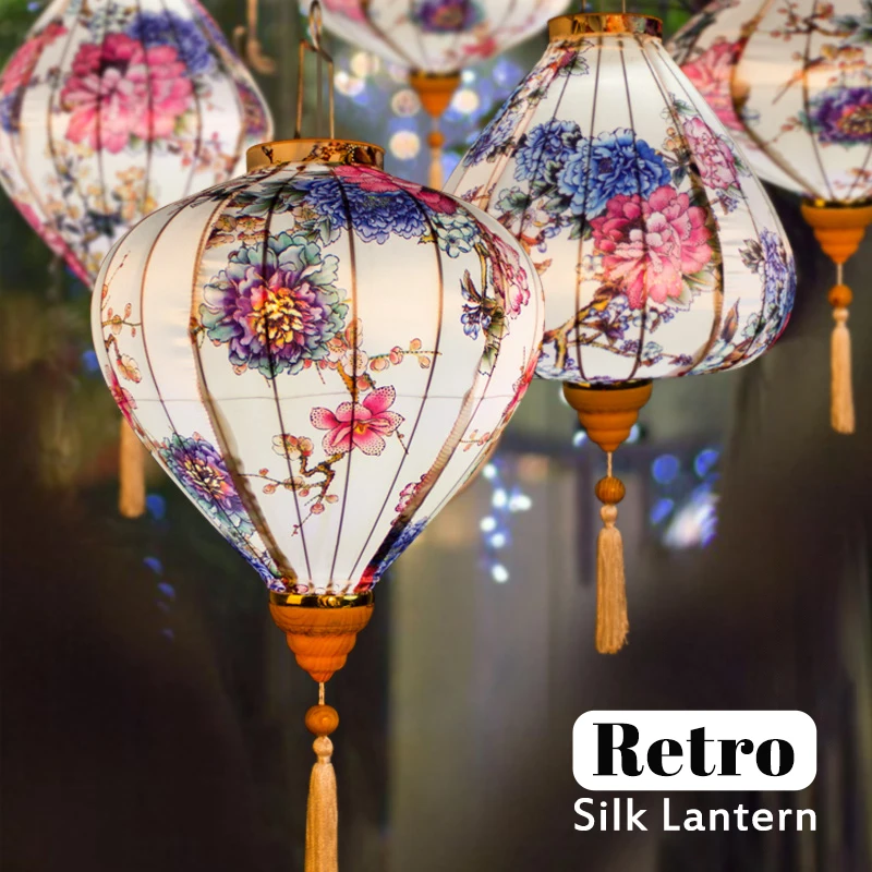 

12 Inch Chinese Traditional Retro Silk Lanterns Floral Pattern Vietnam Mid-autumn Lantern For New Year Festival Hanging Decor