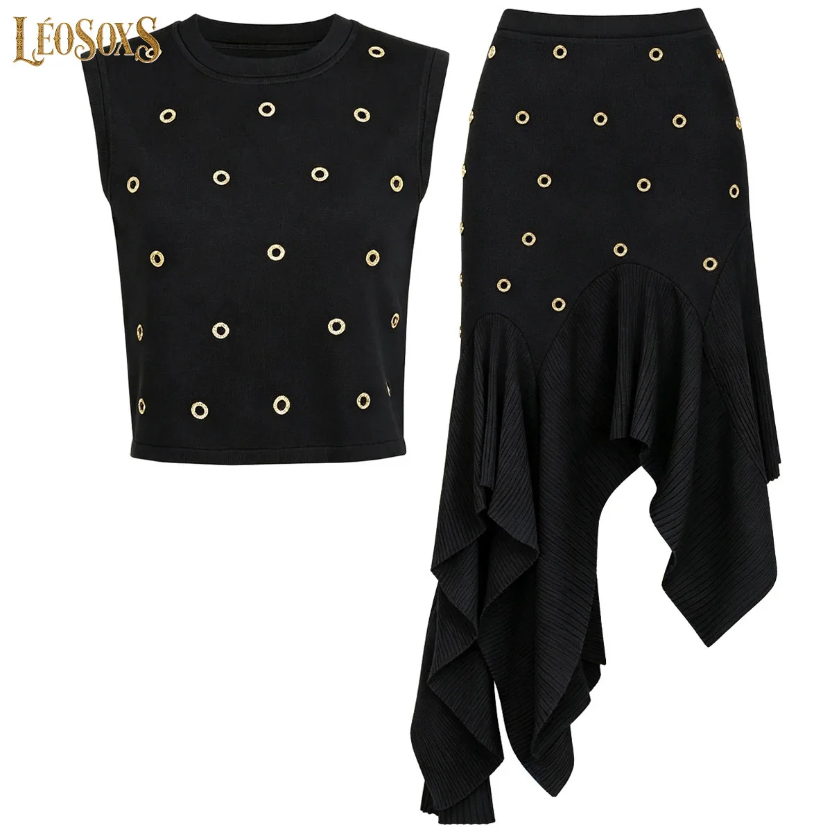 LEOSOXS26239HighQuality Women Matching Set Gold Embellished Sleeveless Vest Slim Fit Asymmetrical Skirt Luxury Club Party 2Piece