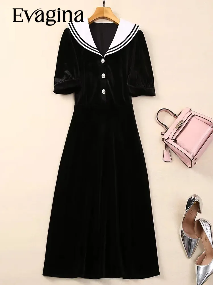 Evagina New Fashion Runway Designer Women's Summer Navy Collar Short Sleeved Slim Wrapped Hip Black Retro Style Dress