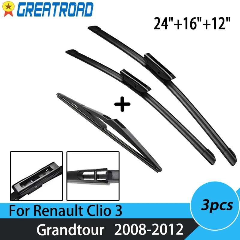 Wiper Front & Rear Wiper Blades Set For Renault Clio 3 Grandtour 2008 09 10 11 2012 Windshield Windscreen Window 24