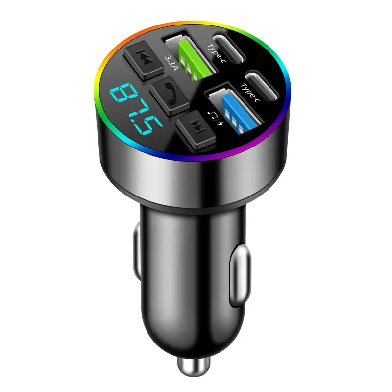Bluetooth 5.0 FM transmitter Dual Type C USB Car Charger Fast Charging MP3 Player with Voltage Display Atmosphere Lamp Adapters