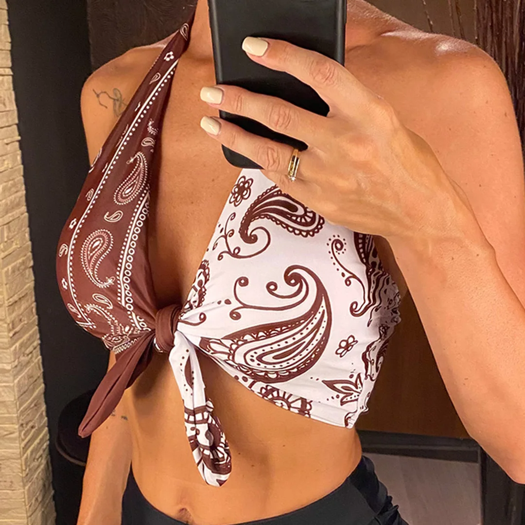 XS - L Sexy bedrucktes, gespleißtes Neckholder-Bikini-Oberteil mit Knoten, Damen-Badeanzug, Badebekleidung, Badeanzug, Strand-Oberteil V5817 – Detail 4