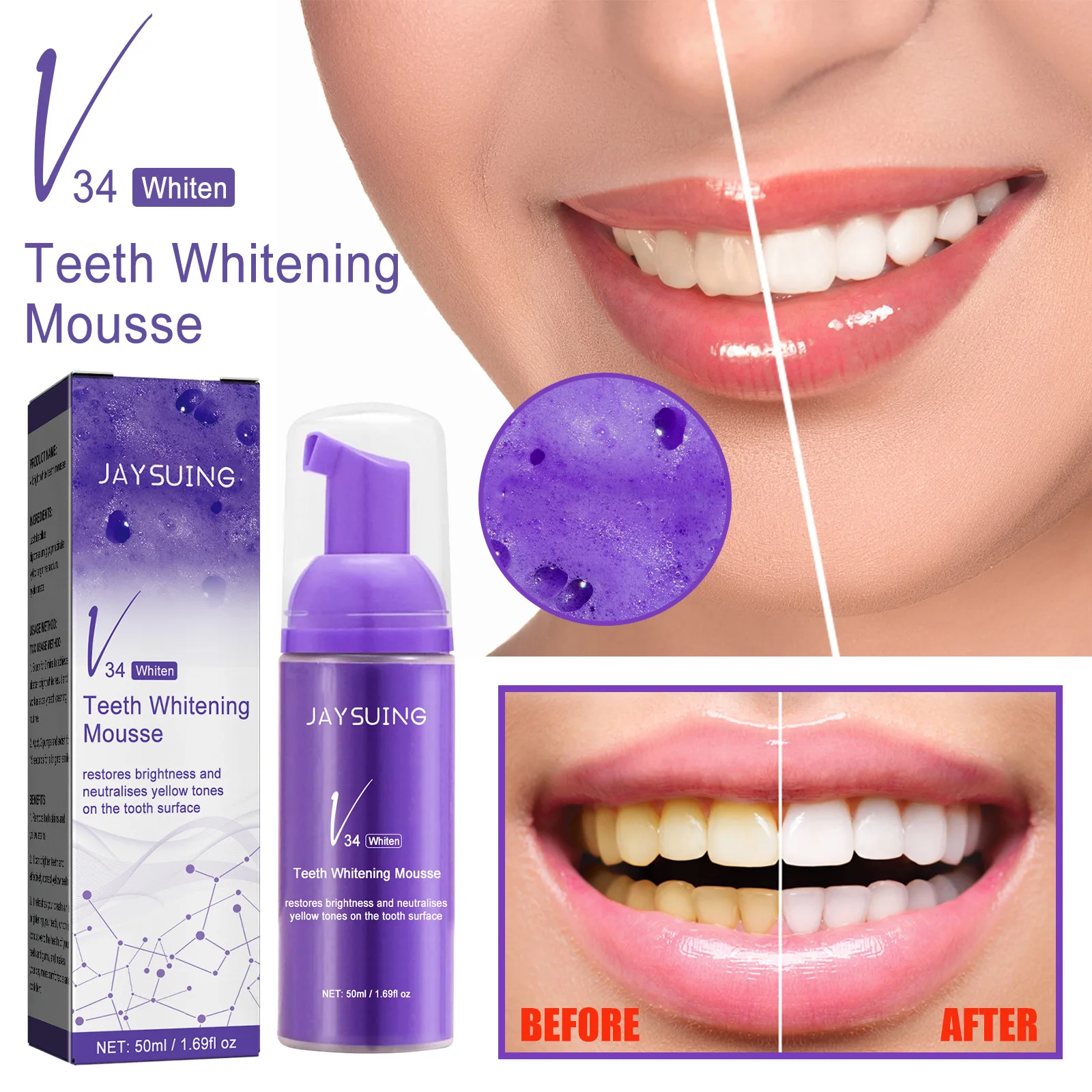 Dentifrice en mousse violet, V34, blanchiment des dents jaunes, remodelage des dents, SAF, livres d\'hygiène buccale