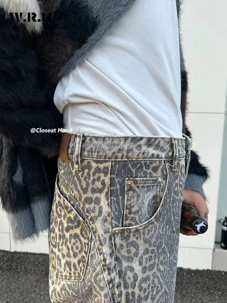 Damen American Vintage Leopardenmuster, gewaschene, dünne Jeans, Straße, lässig, neutraler Stil, DenimTrousers, hohe Taille, gerade Hose