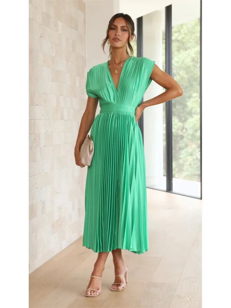 

Spring Summer Women's New Sexy V-neck Pleated Casual Loose Fashionable Zipper Sleeveless Mid Length Dress