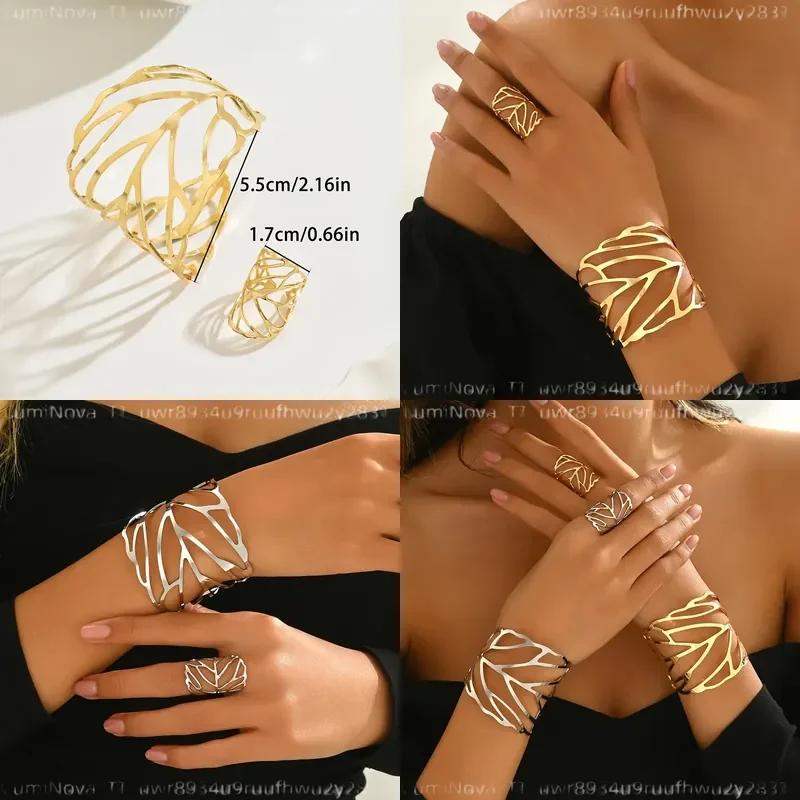 2pcs Stylish Elegant Retro Hollow Leaf Design Open Bangle Ring Set for Women Fashion Jewelry Gift