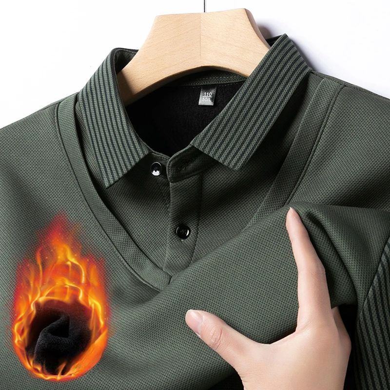 Men\'s Winter Fleece Fake Two Piece T-shirt Button Striped Polo Shirt Long Sleeve Fashion Casual Thicken Solid Lapel Male Tops