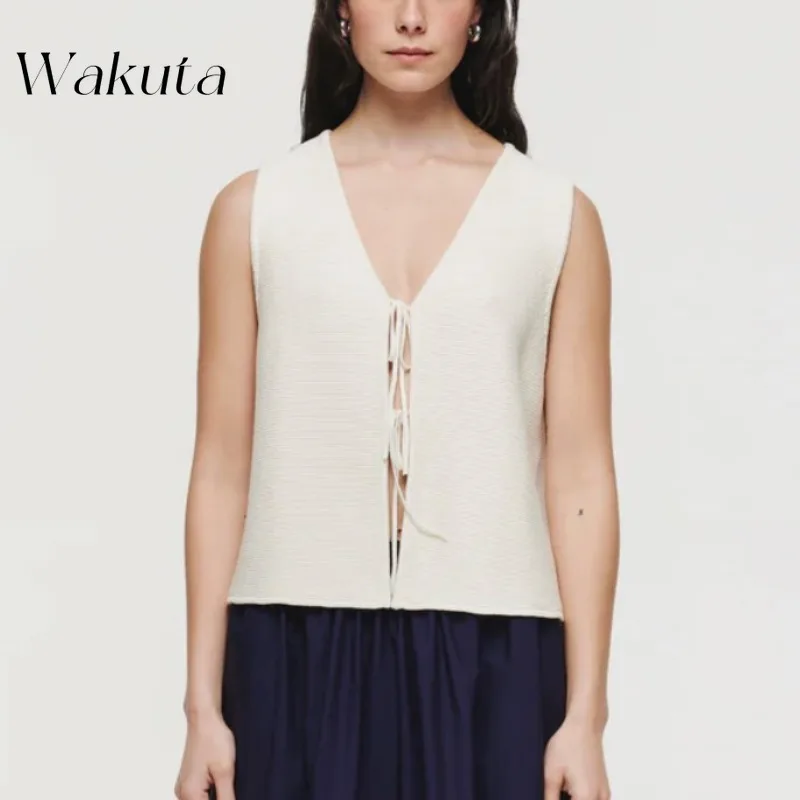 WAKUTA American Retro Autumn V-neck Single Breasted Y2k Camis Fashion Casual Straps and Rabbit Fur Vest Jacket Crop Tees Women