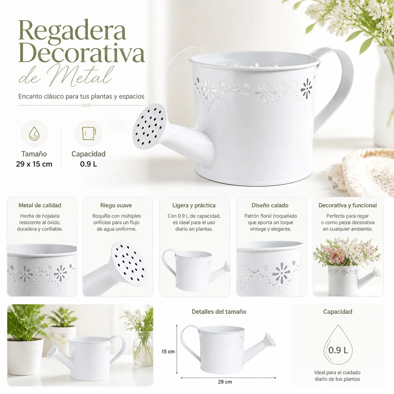 Arrosoir décoratif en métal blanc 0,9 L pour plantes d'intérieur, pichet en fer blanc avec motif floral ajouré vintage, arrosoir à jet doux pour jardin et bureau