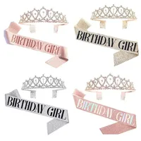 Bling Rhinestone Crystal Crown Tiara Birthday Anniversary Decoration Happy 18 21 30 40 50th Birthday Satin Sash Party Supplies