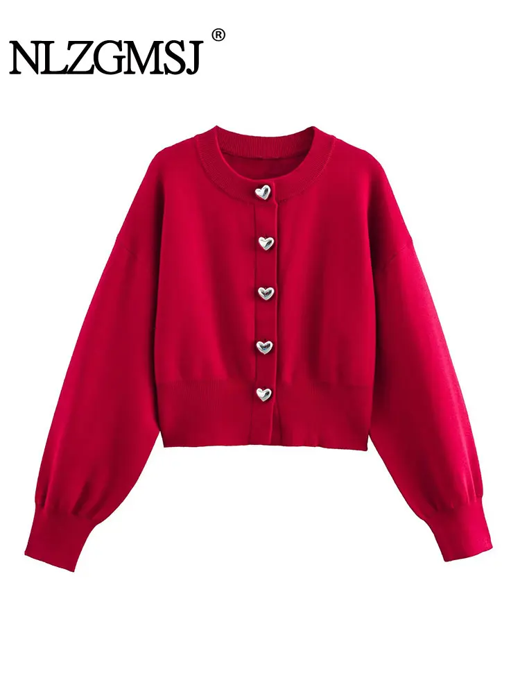 Vintage Casual Chic Women Sweater Solid Heart-shaped Button Long Sleeve Knitted Cardigans Fashion 2025 Spring Sweaters