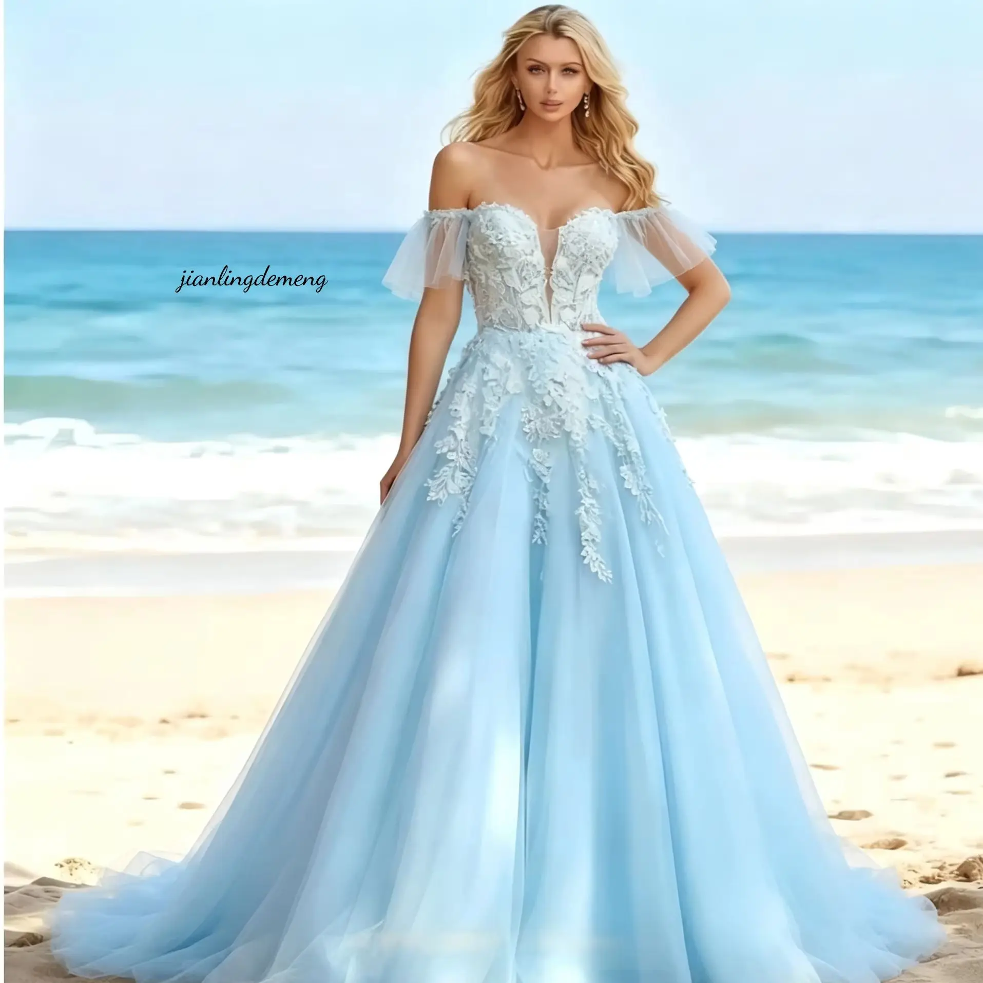 Boho Beach Wedding Dress Light Blue Off Shoulder Flutter Sleeve Vine Lace Soft Tulle Train Destination Bridal Dress Customized