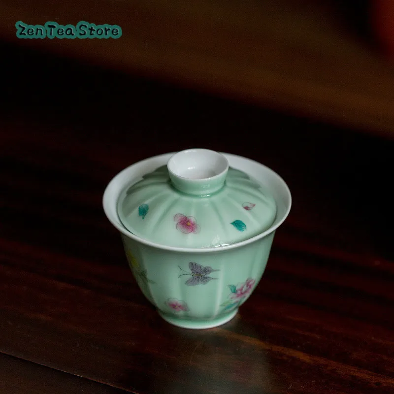 Hand-painted Celadon Small Flower Butterfly Three Only Cover Bowl Kung Fu Tea Set Small Fresh Home Tea Bowl