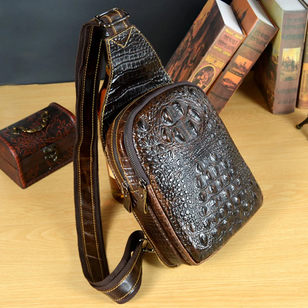 Men Cross body Sling Backpack Chest Bag Genuine Leather Crocodile Pattern Travel Real Cowhide Male Shoulder Messenger Side Bag