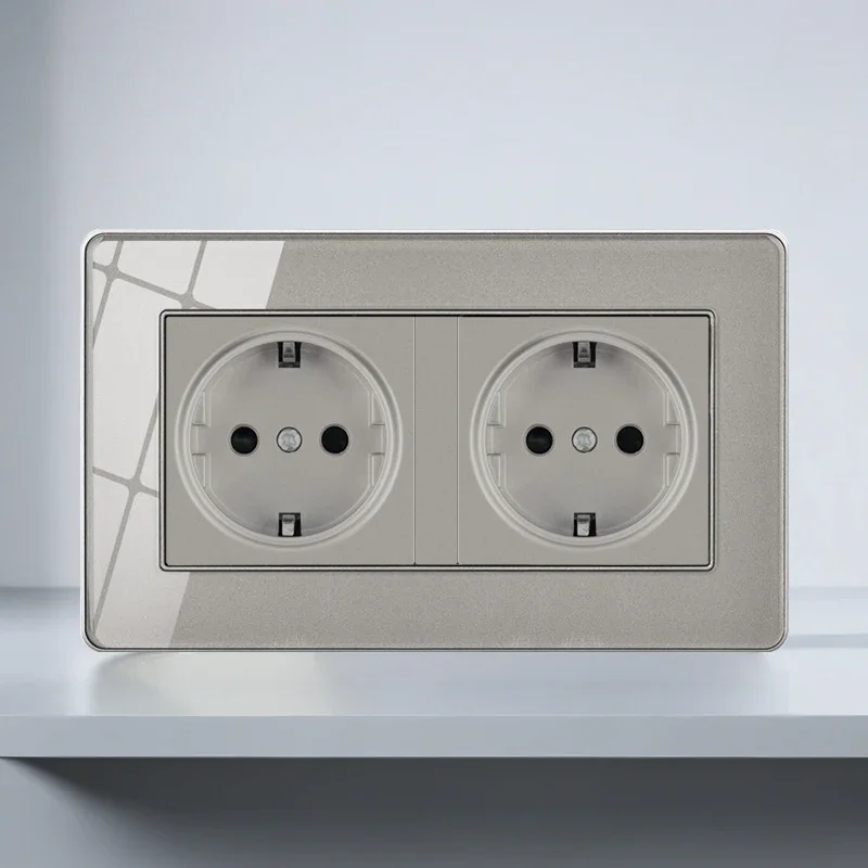 T&I EU Standard Double Wall Power Socket 16A German Outlet Crystal Glass Panel  Grey Glass 86*146mm