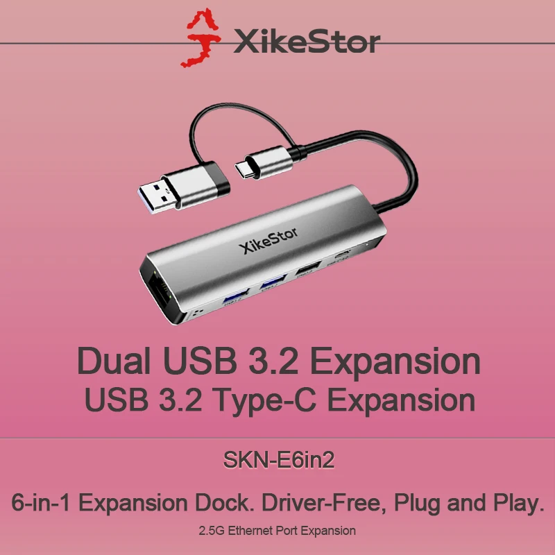 

XikeStor 6in2 Docking Station Dual USB 3.2 Expansion 2.5G Ethernet Port Expansion USB 3.2 Type-C Expansion 2.5GbE USB Adapter