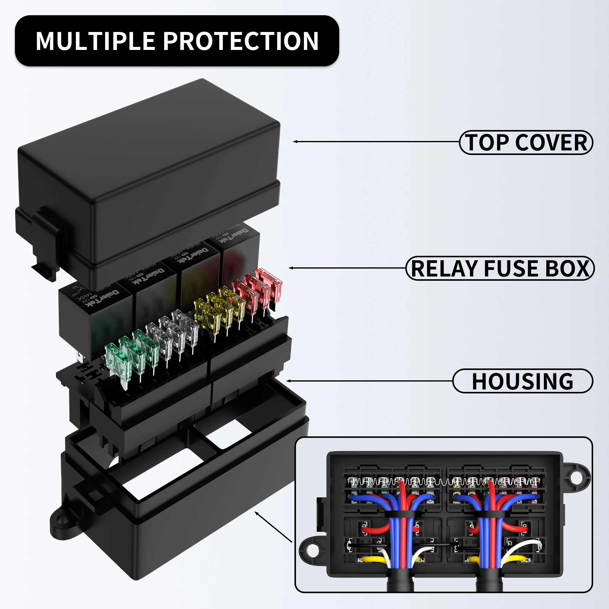 DaierTek 12V Fuse Relay Box Pre-Wired Fuse and Relay Box with 4 Relay 12 Way ATC/ATO Fuses Sealed 12V Relay Fuse Box for Car