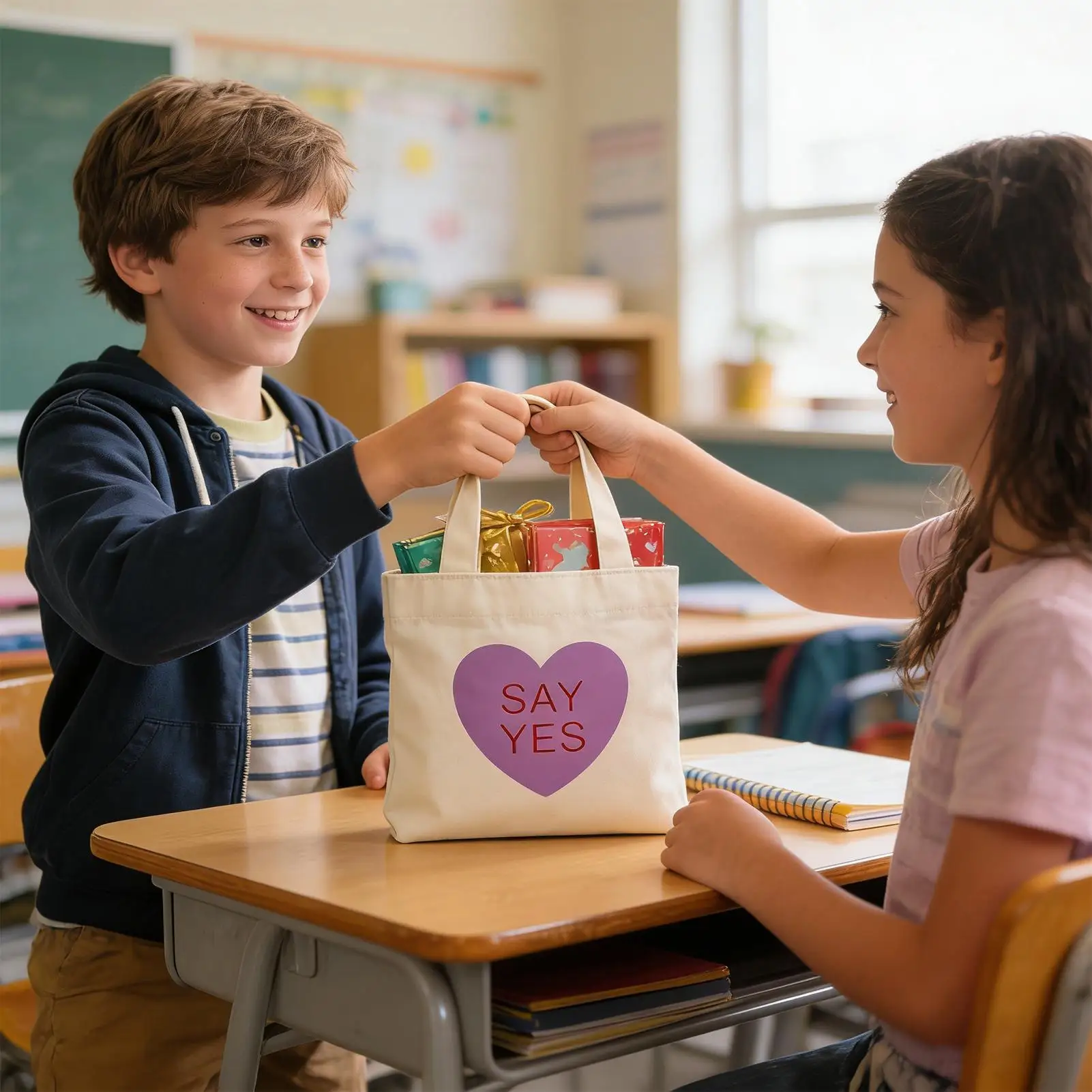 Tote Bag Canvas 6 Pieces Valentine's Day Conversation Heart Mini Handbag Reusable Goodie Bags For Girls Women Wife Girlfriend