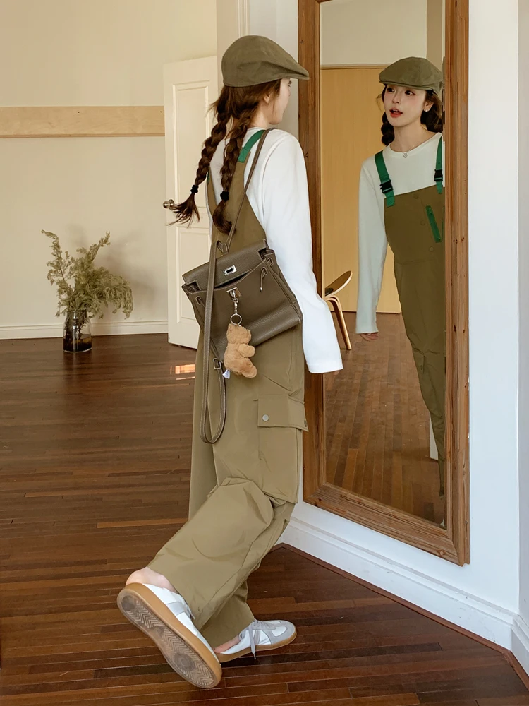 

Khaki Utility Overalls Women's Early Spring New Style Casual Cool American Windbreaker Color Collision Shoulder Pants