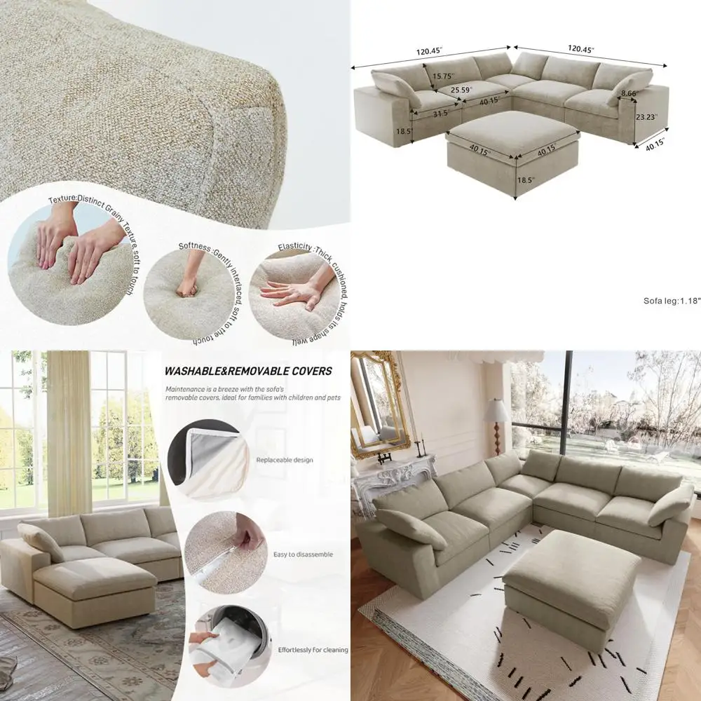 

4-Seater V-Shaped Comfortable Sectional Sofa with Ottoman for Living Room, Minimalist Deep Seat, Convertible Couch, Khaki